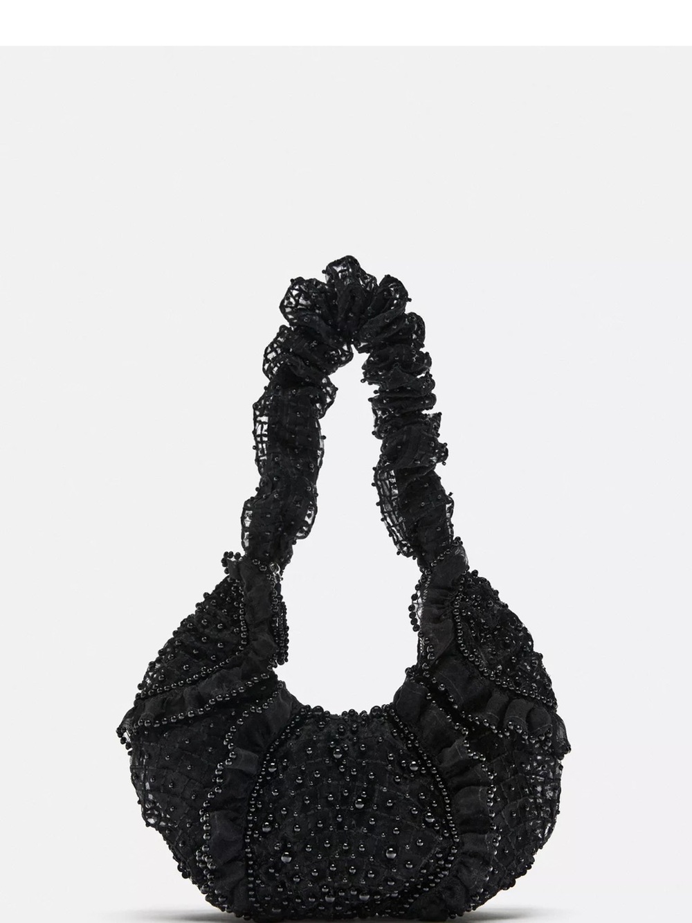 Zara Black Beaded Ruffle Shoulder Bag